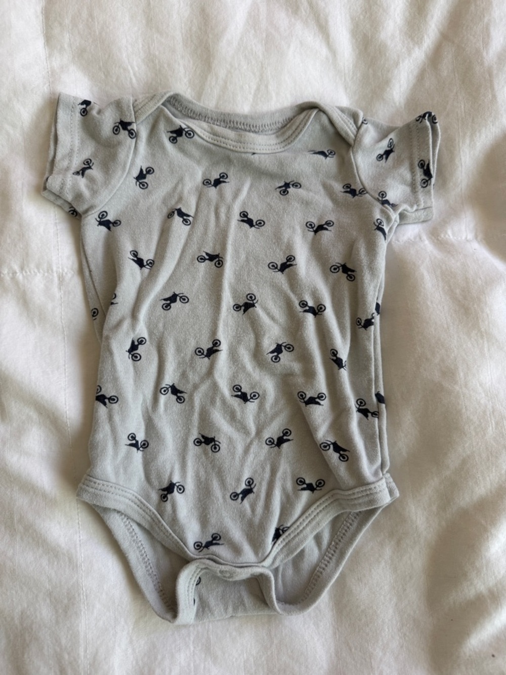 Light Gray Baby One-Piece Bodysuit with dirt bike Navy Bike Print